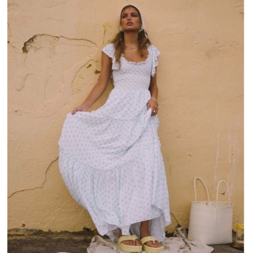 Araminta James Polka Dot Maxi Dress White Blue Tiered Ruffle Sundress Women’s M